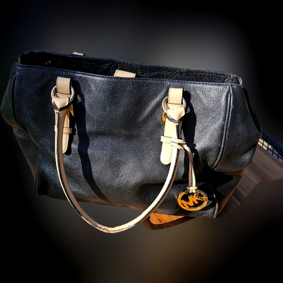 Michael Kors Black and Tan Large Leather Tote with Gold Accents - Picture 1 of 15